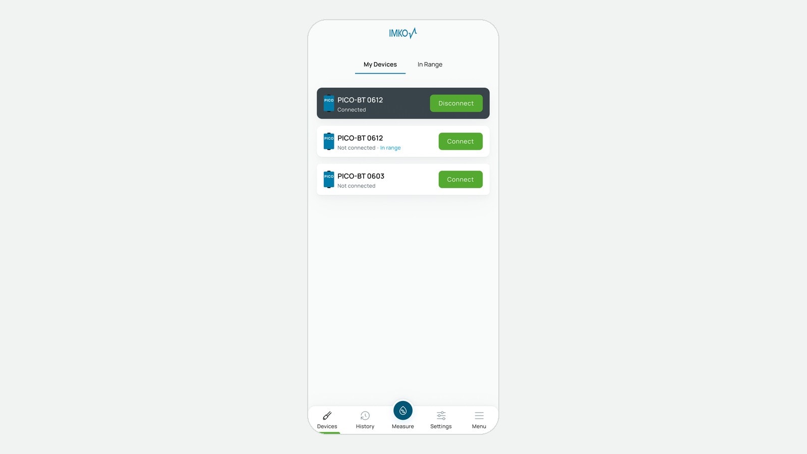 IMKO Connect Devices screen listing nearby IMKO sensors with a Connect button